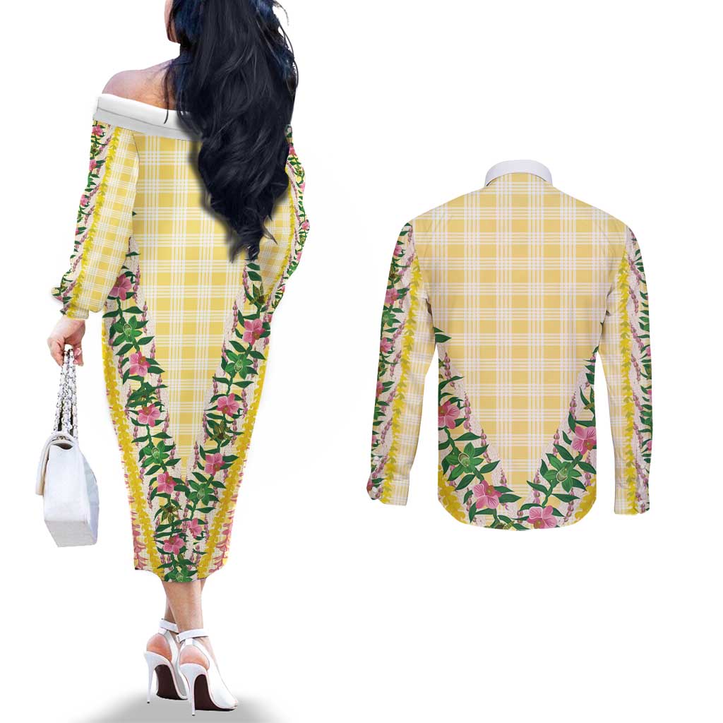 Hawaii Pikake Lokelani Plumeria Lei Couples Matching Off The Shoulder Long Sleeve Dress and Long Sleeve Button Shirt Yellow Palaka Motifs LT05 - Polynesian Pride