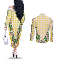 Hawaii Pikake Lokelani Plumeria Lei Couples Matching Off The Shoulder Long Sleeve Dress and Long Sleeve Button Shirt Yellow Palaka Motifs LT05 - Polynesian Pride