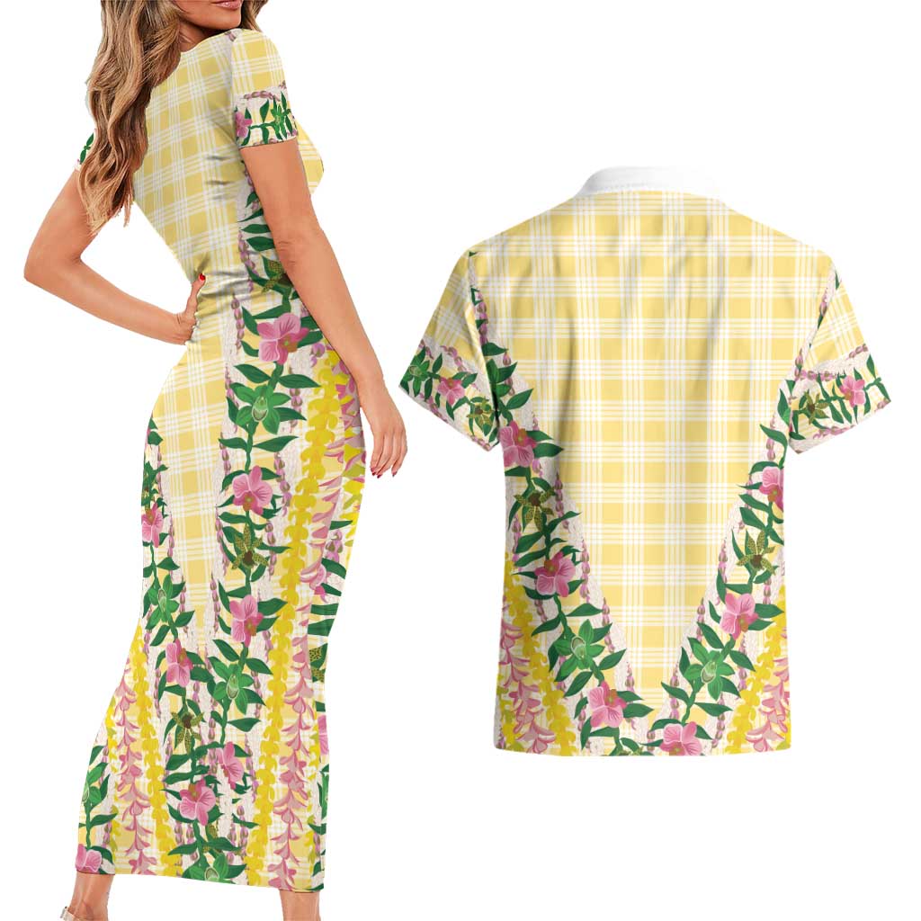 Hawaii Pikake Lokelani Plumeria Lei Couples Matching Short Sleeve Bodycon Dress and Hawaiian Shirt Yellow Palaka Motifs LT05 - Polynesian Pride