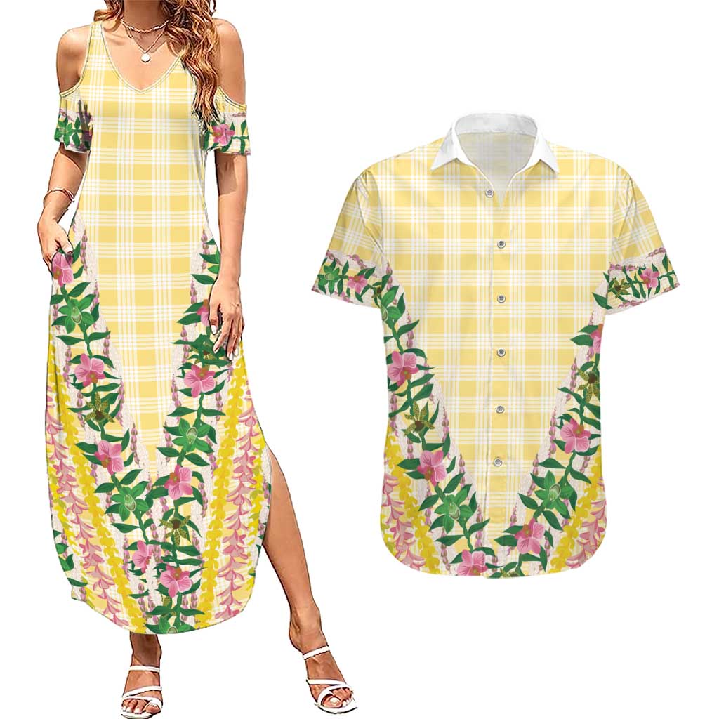 Hawaii Pikake Lokelani Plumeria Lei Couples Matching Summer Maxi Dress and Hawaiian Shirt Yellow Palaka Motifs LT05 Yellow - Polynesian Pride