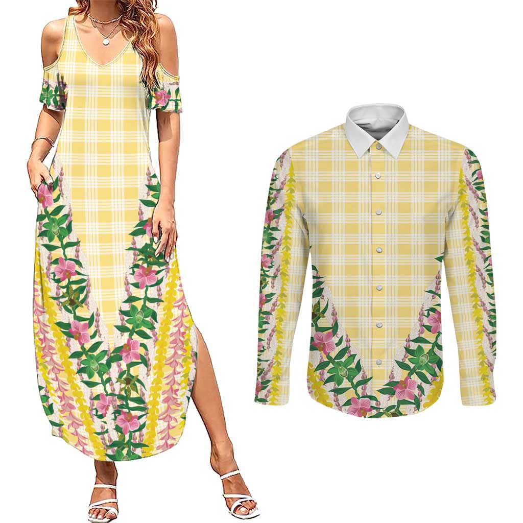 Hawaii Pikake Lokelani Plumeria Lei Couples Matching Summer Maxi Dress and Long Sleeve Button Shirt Yellow Palaka Motifs LT05 Yellow - Polynesian Pride
