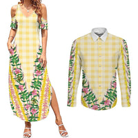 Hawaii Pikake Lokelani Plumeria Lei Couples Matching Summer Maxi Dress and Long Sleeve Button Shirt Yellow Palaka Motifs LT05 Yellow - Polynesian Pride