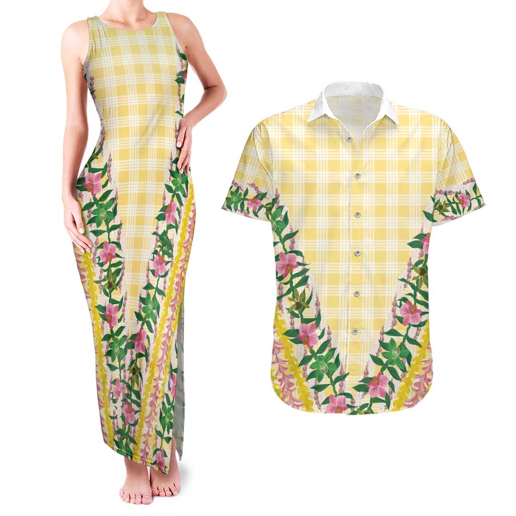 Hawaii Pikake Lokelani Plumeria Lei Couples Matching Tank Maxi Dress and Hawaiian Shirt Yellow Palaka Motifs LT05 Yellow - Polynesian Pride