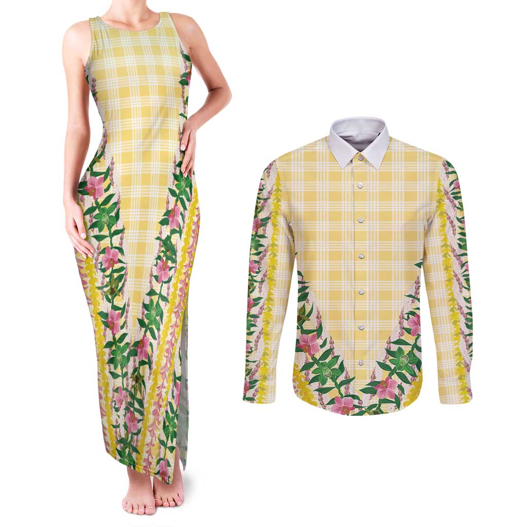Hawaii Pikake Lokelani Plumeria Lei Couples Matching Tank Maxi Dress and Long Sleeve Button Shirt Yellow Palaka Motifs LT05 Yellow - Polynesian Pride