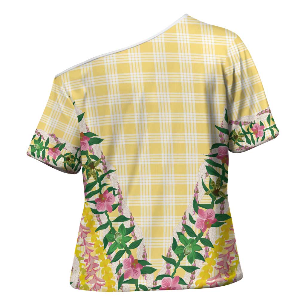 Hawaii Pikake Lokelani Plumeria Lei Cross Shoulder Shirt Yellow Palaka Motifs