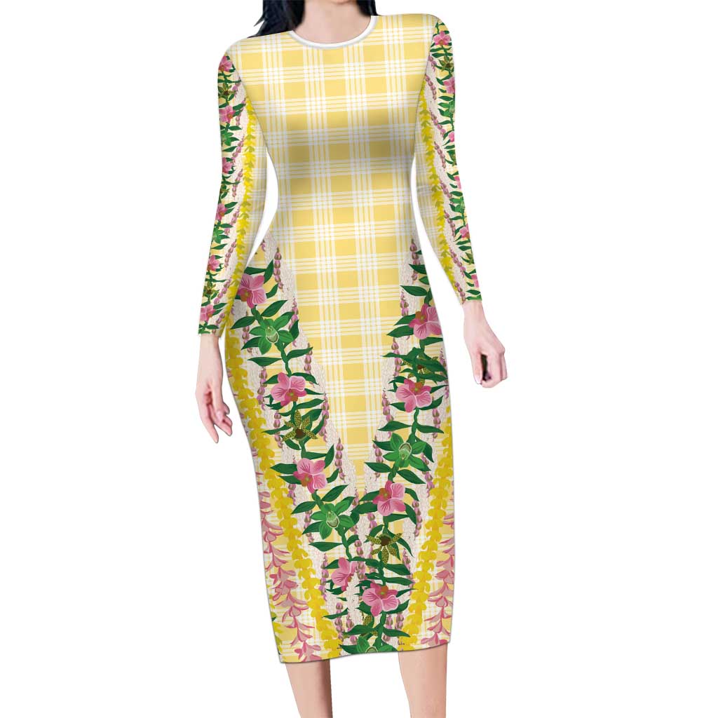 Hawaii Pikake Lokelani Plumeria Lei Family Matching Long Sleeve Bodycon Dress and Hawaiian Shirt Yellow Palaka Motifs LT05 Mom's Dress Yellow - Polynesian Pride