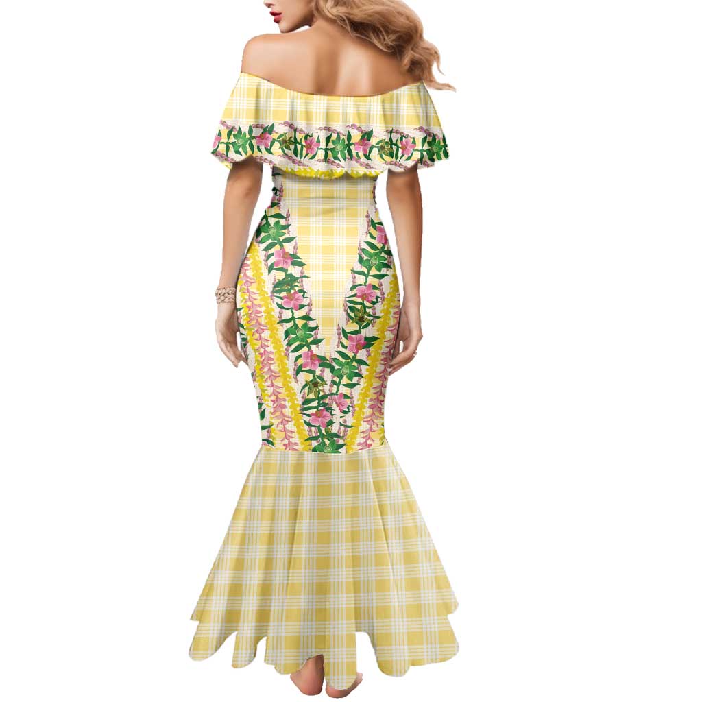 Hawaii Pikake Lokelani Plumeria Lei Family Matching Mermaid Dress and Hawaiian Shirt Yellow Palaka Motifs LT05 - Polynesian Pride