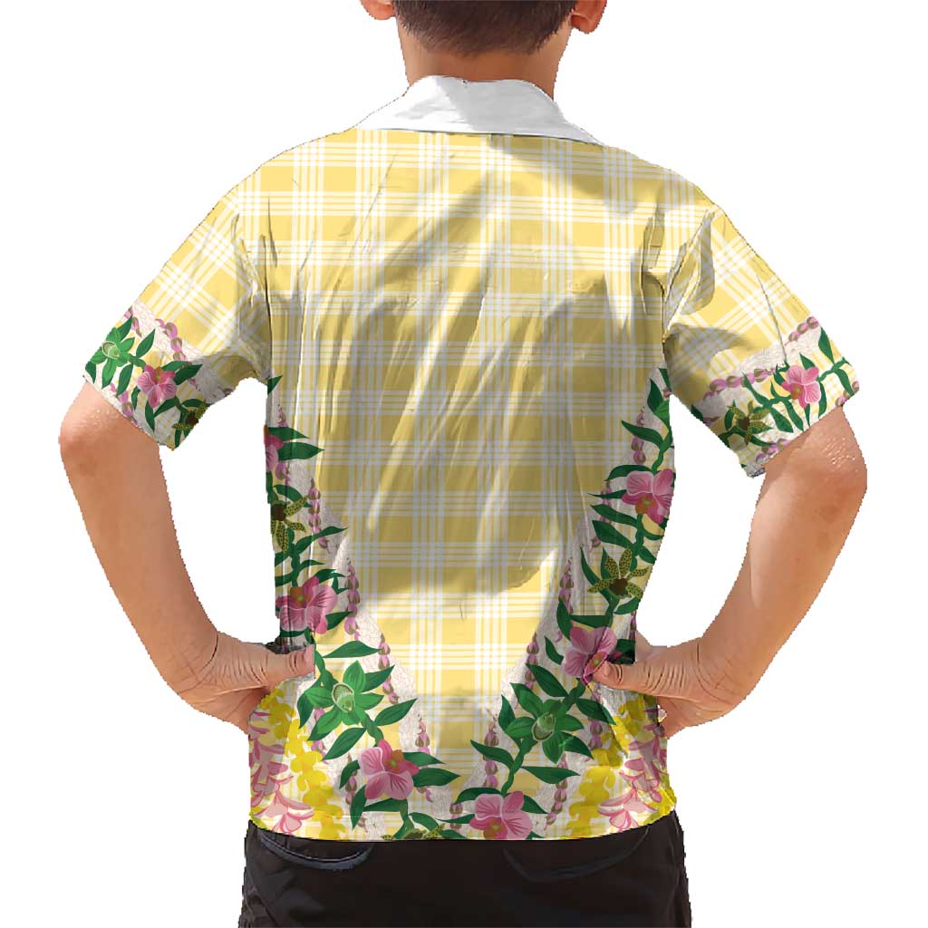 Hawaii Pikake Lokelani Plumeria Lei Family Matching Off The Shoulder Long Sleeve Dress and Hawaiian Shirt Yellow Palaka Motifs LT05 - Polynesian Pride