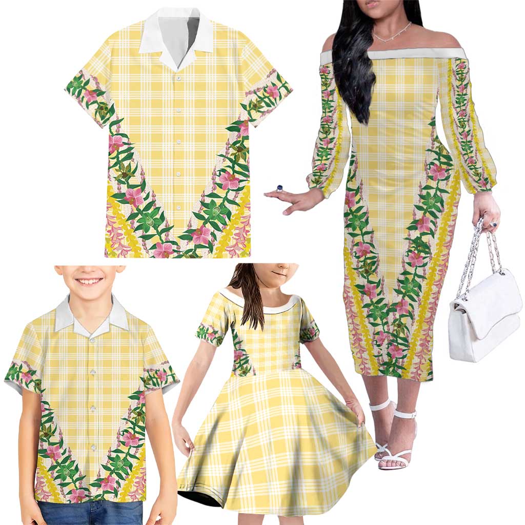 Hawaii Pikake Lokelani Plumeria Lei Family Matching Off The Shoulder Long Sleeve Dress and Hawaiian Shirt Yellow Palaka Motifs LT05 - Polynesian Pride