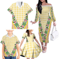 Hawaii Pikake Lokelani Plumeria Lei Family Matching Off The Shoulder Long Sleeve Dress and Hawaiian Shirt Yellow Palaka Motifs LT05 - Polynesian Pride