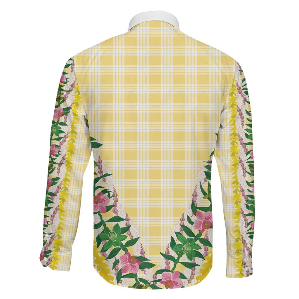 Hawaii Pikake Lokelani Plumeria Lei Family Matching Off The Shoulder Long Sleeve Dress and Hawaiian Shirt Yellow Palaka Motifs LT05 - Polynesian Pride
