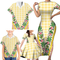 Hawaii Pikake Lokelani Plumeria Lei Family Matching Short Sleeve Bodycon Dress and Hawaiian Shirt Yellow Palaka Motifs LT05 - Polynesian Pride