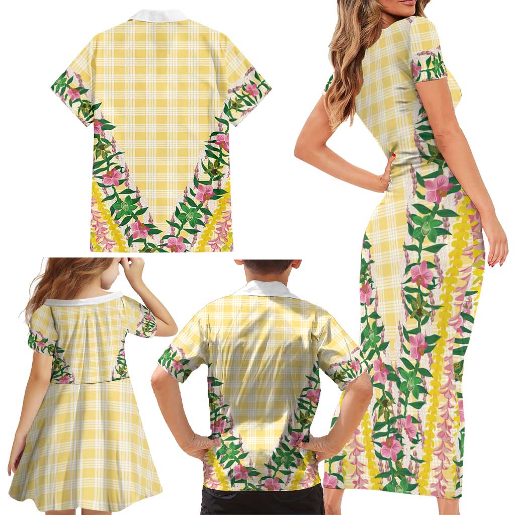 Hawaii Pikake Lokelani Plumeria Lei Family Matching Short Sleeve Bodycon Dress and Hawaiian Shirt Yellow Palaka Motifs LT05 - Polynesian Pride