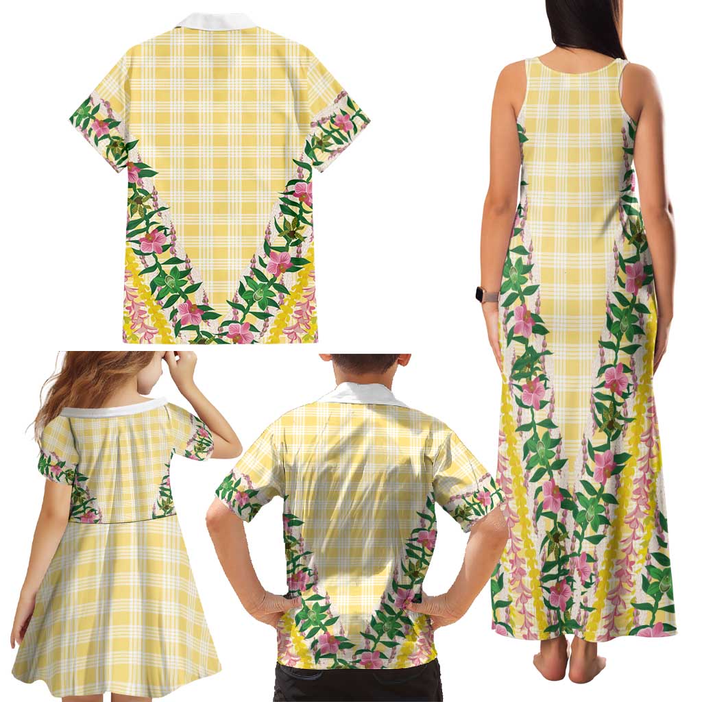 Hawaii Pikake Lokelani Plumeria Lei Family Matching Tank Maxi Dress and Hawaiian Shirt Yellow Palaka Motifs LT05 - Polynesian Pride