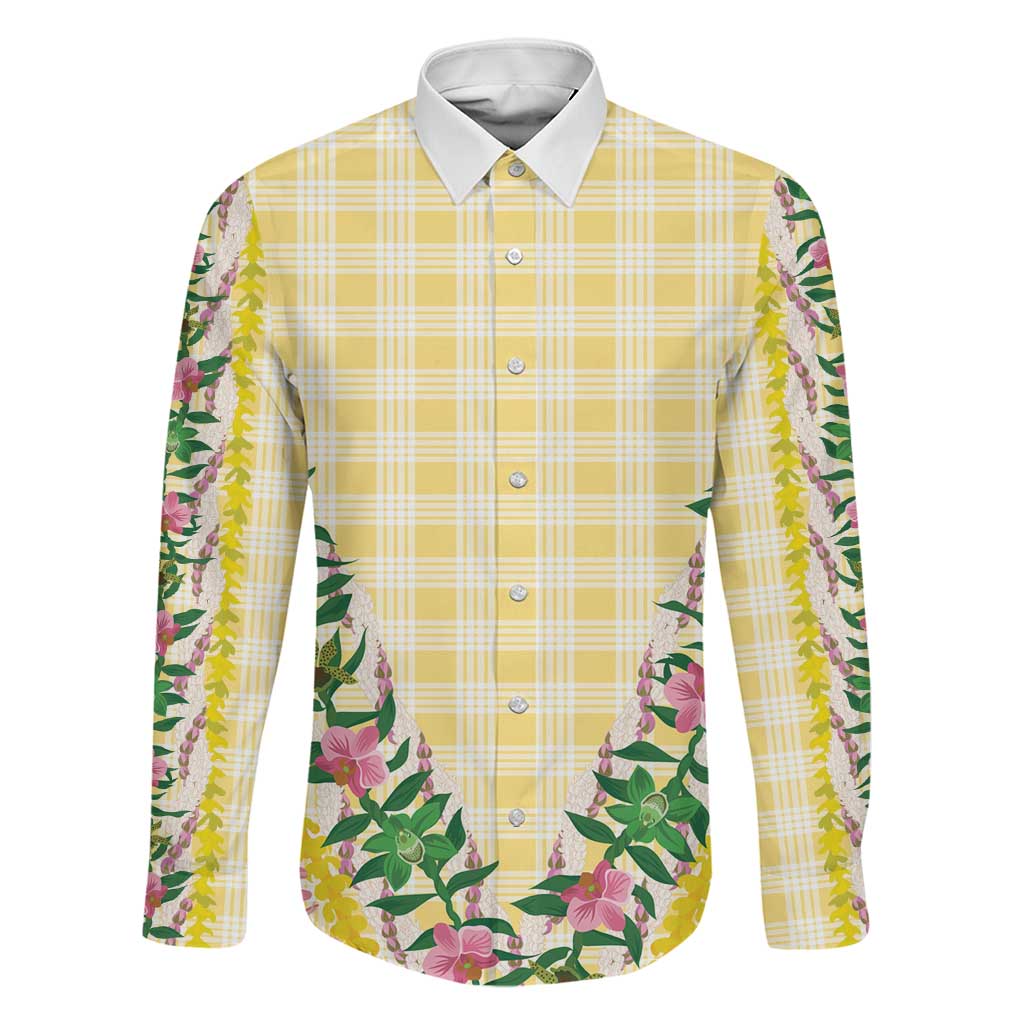 Hawaii Pikake Lokelani Plumeria Lei Family Matching Tank Maxi Dress and Hawaiian Shirt Yellow Palaka Motifs LT05 Dad's Shirt - Long Sleeve Yellow - Polynesian Pride