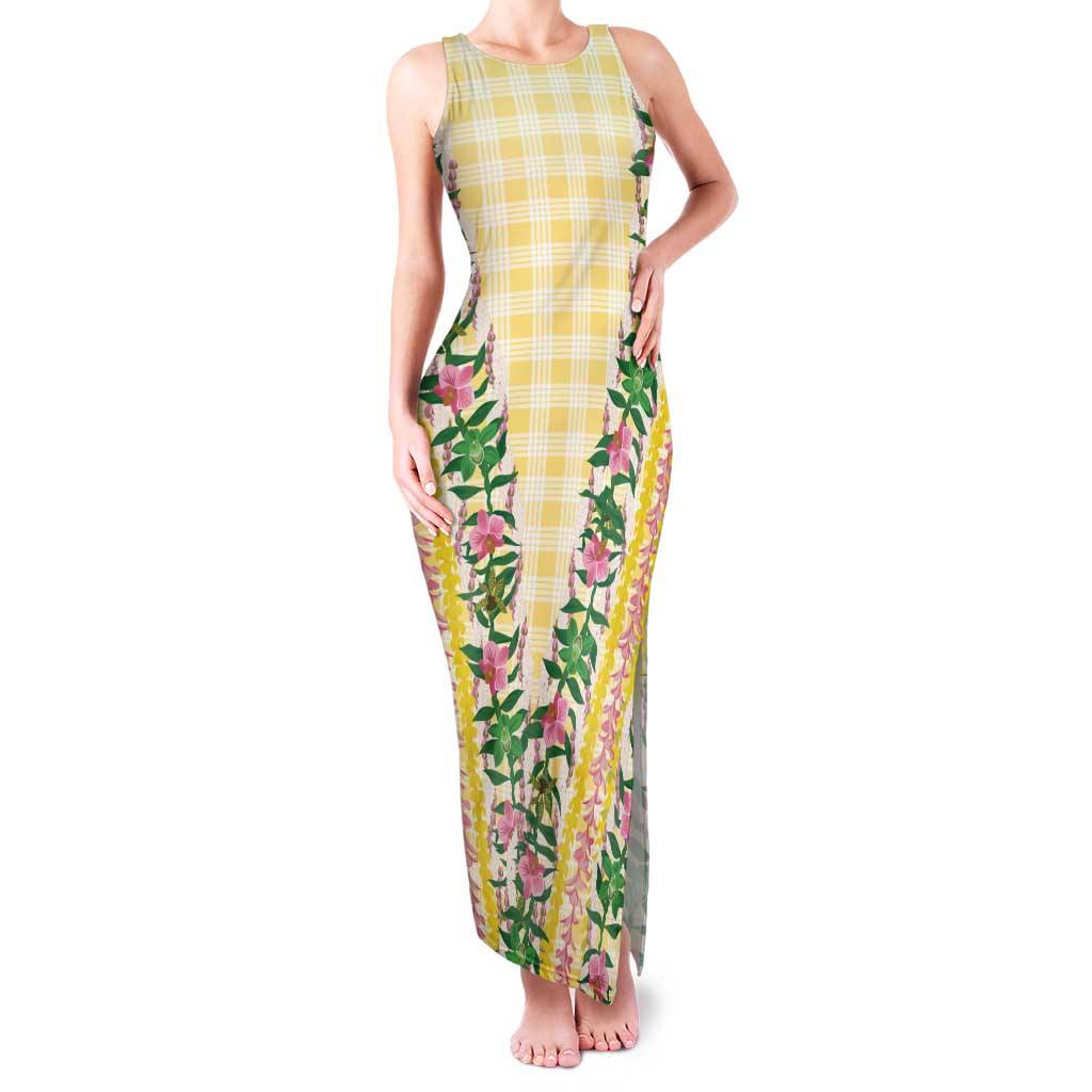 Hawaii Pikake Lokelani Plumeria Lei Family Matching Tank Maxi Dress and Hawaiian Shirt Yellow Palaka Motifs LT05 Mom's Dress Yellow - Polynesian Pride