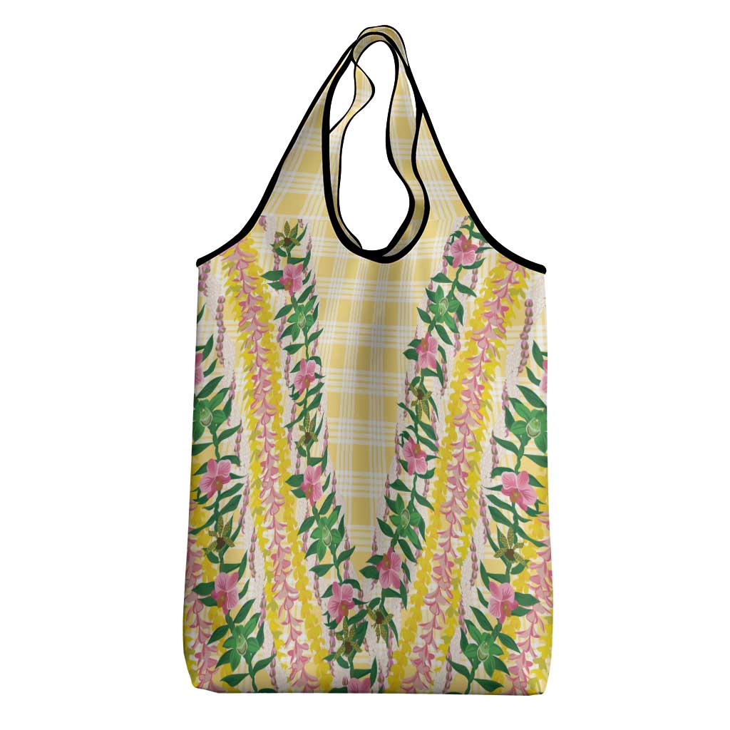 Hawaii Pikake Lokelani Plumeria Lei Grocery Bag Yellow Palaka Motifs
