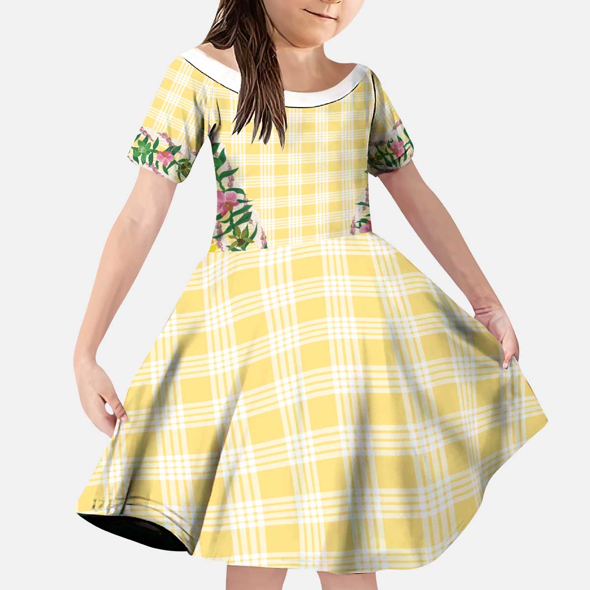 Hawaii Pikake Lokelani Plumeria Lei Kid Short Sleeve Dress Yellow Palaka Motifs