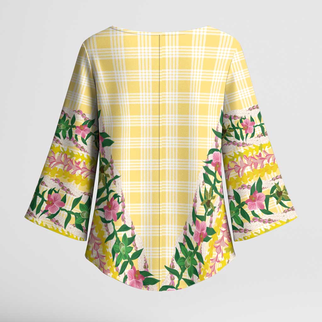 Hawaii Pikake Lokelani Plumeria Lei Kimono Sleeve Blouse Yellow Palaka Motifs