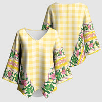 Hawaii Pikake Lokelani Plumeria Lei Kimono Sleeve Blouse Yellow Palaka Motifs