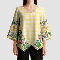 Hawaii Pikake Lokelani Plumeria Lei Kimono Sleeve Blouse Yellow Palaka Motifs