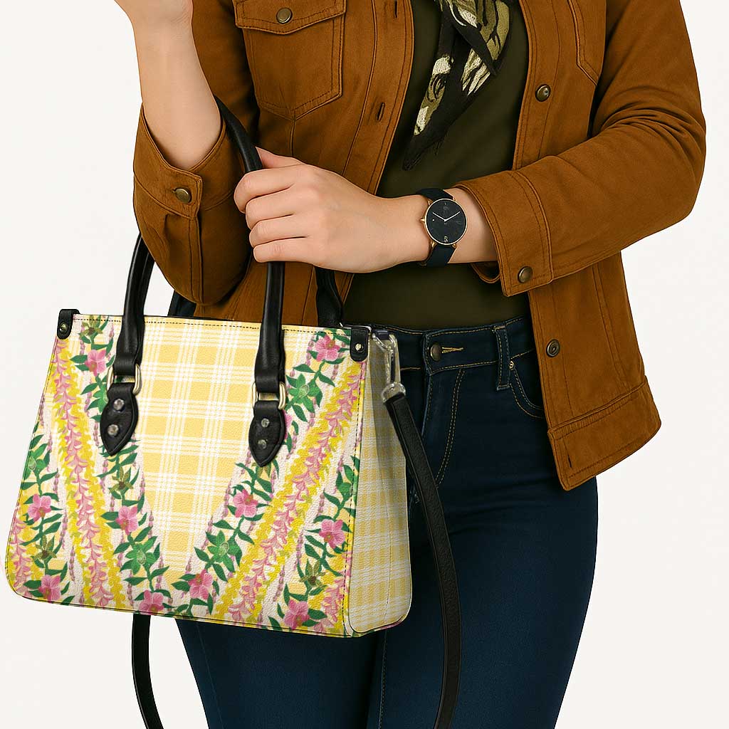 Hawaii Pikake Lokelani Plumeria Lei Leather Bag Yellow Palaka Motifs