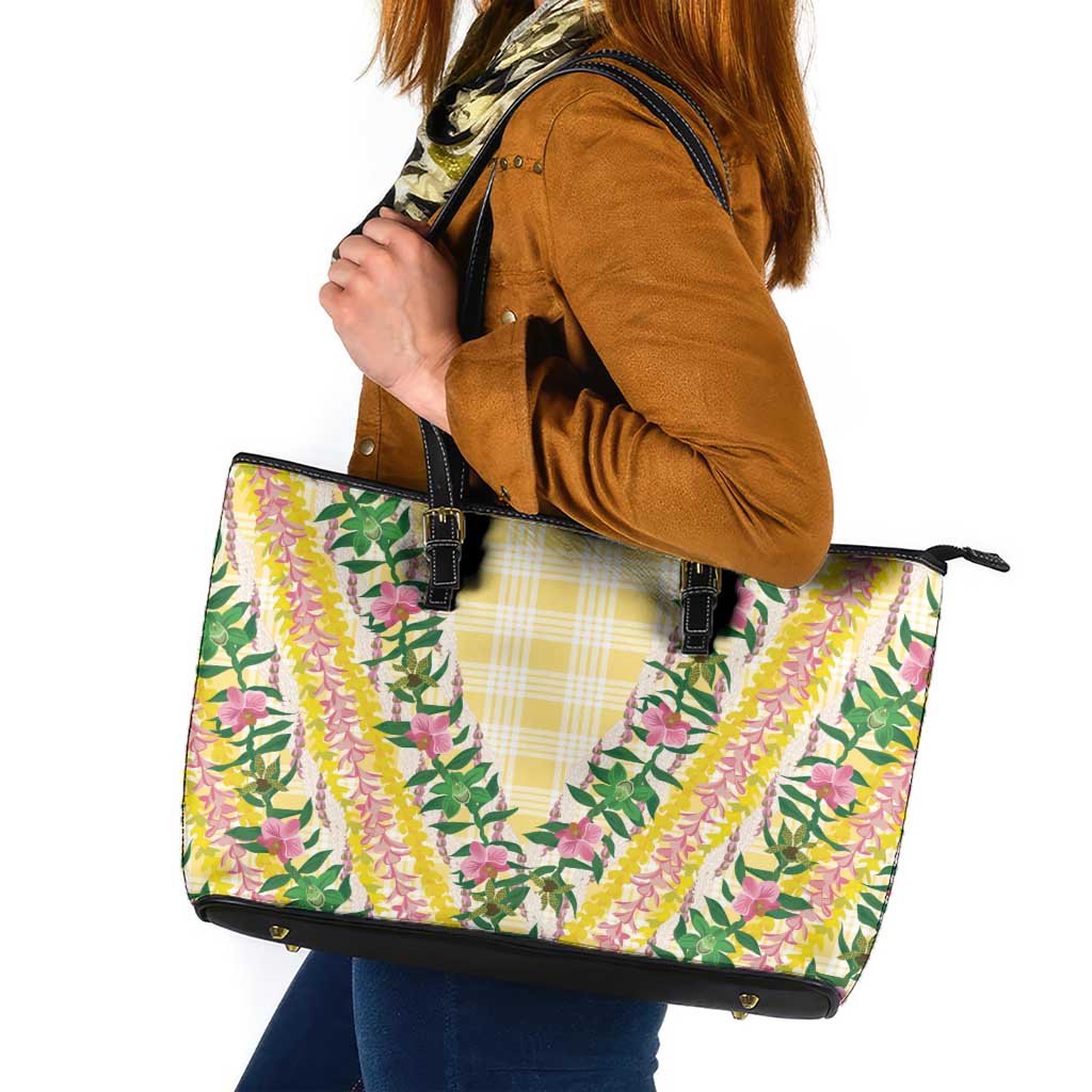 Hawaii Pikake Lokelani Plumeria Lei Leather Tote Bag Yellow Palaka Motifs