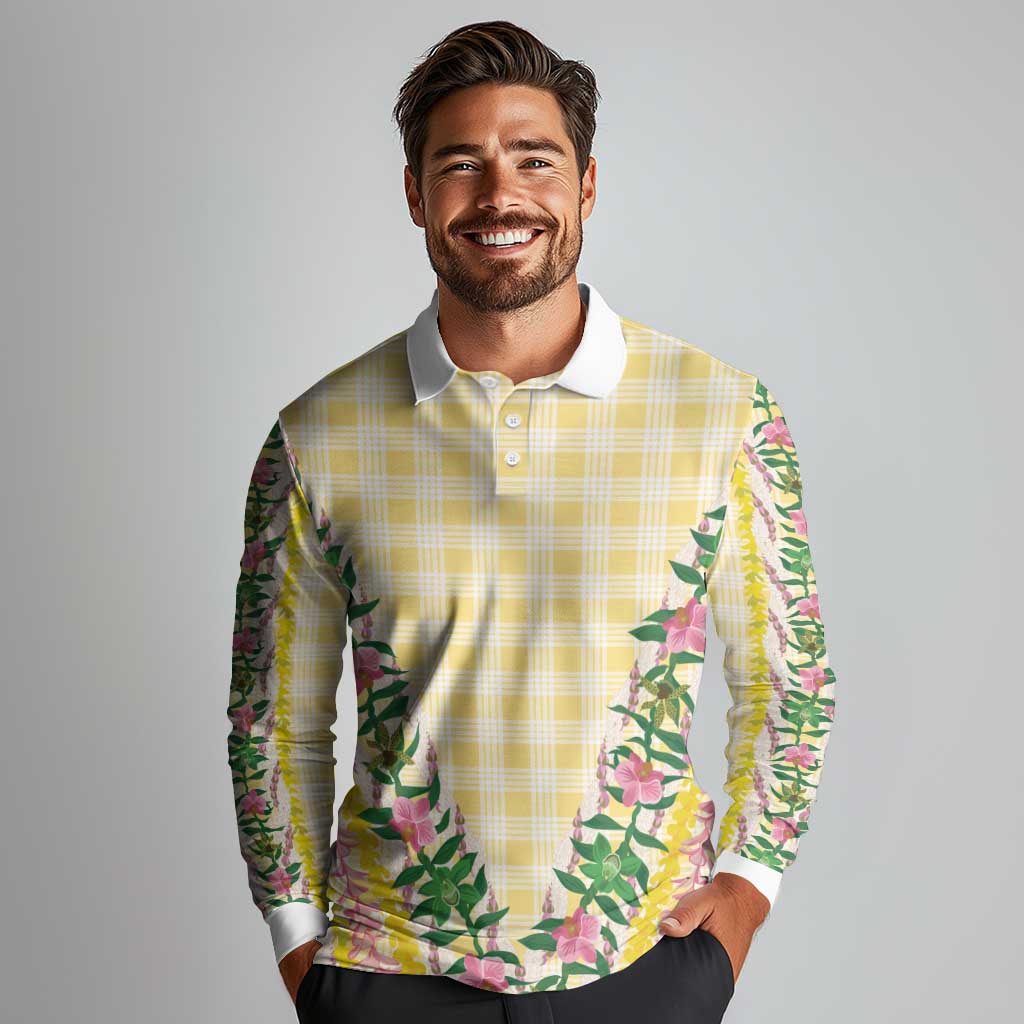 Hawaii Pikake Lokelani Plumeria Lei Long Sleeve Polo Shirt Yellow Palaka Motifs