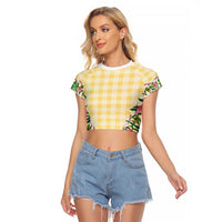 Hawaii Pikake Lokelani Plumeria Lei Raglan Cropped T Shirt Yellow Palaka Motifs