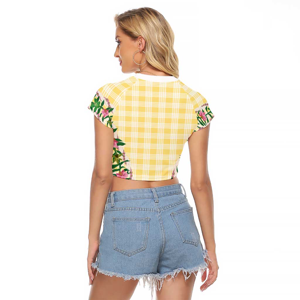 Hawaii Pikake Lokelani Plumeria Lei Raglan Cropped T Shirt Yellow Palaka Motifs