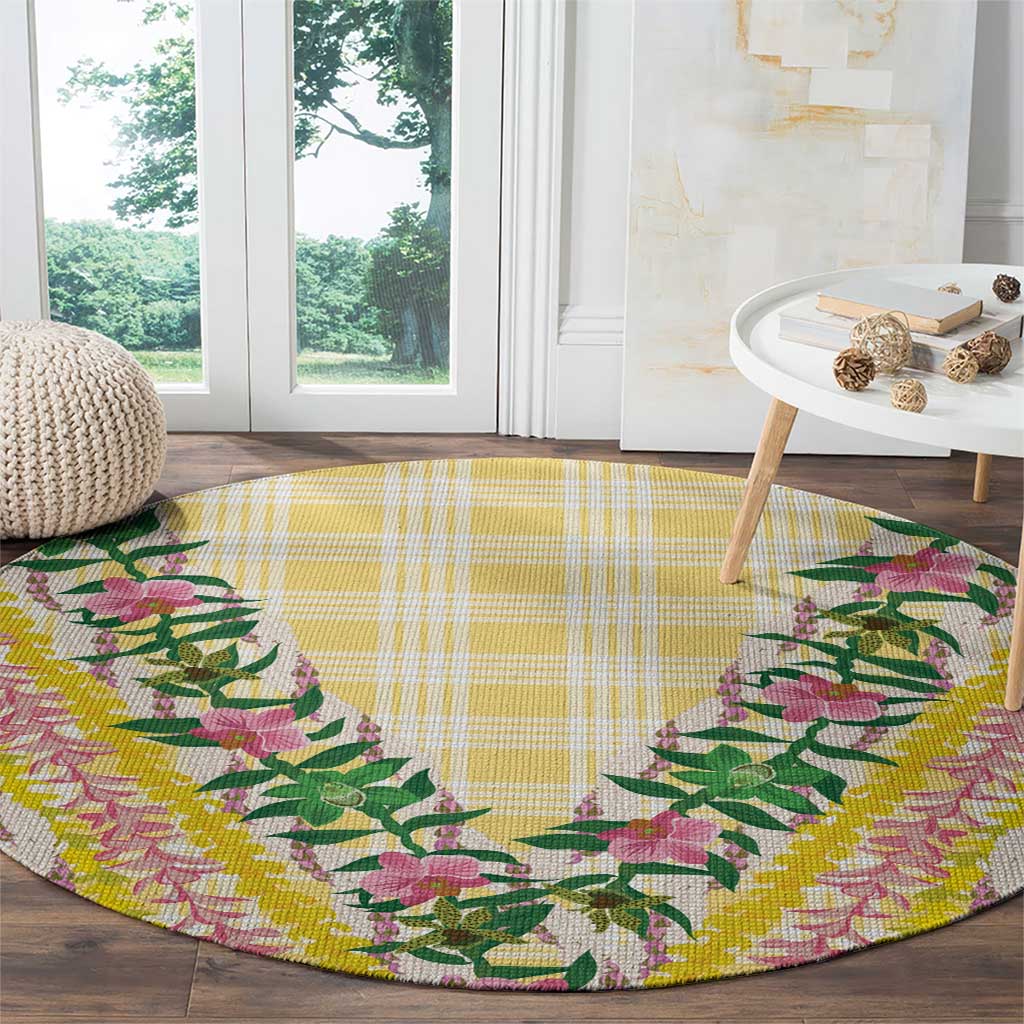 Hawaii Pikake Lokelani Plumeria Lei Round Carpet Yellow Palaka Motifs