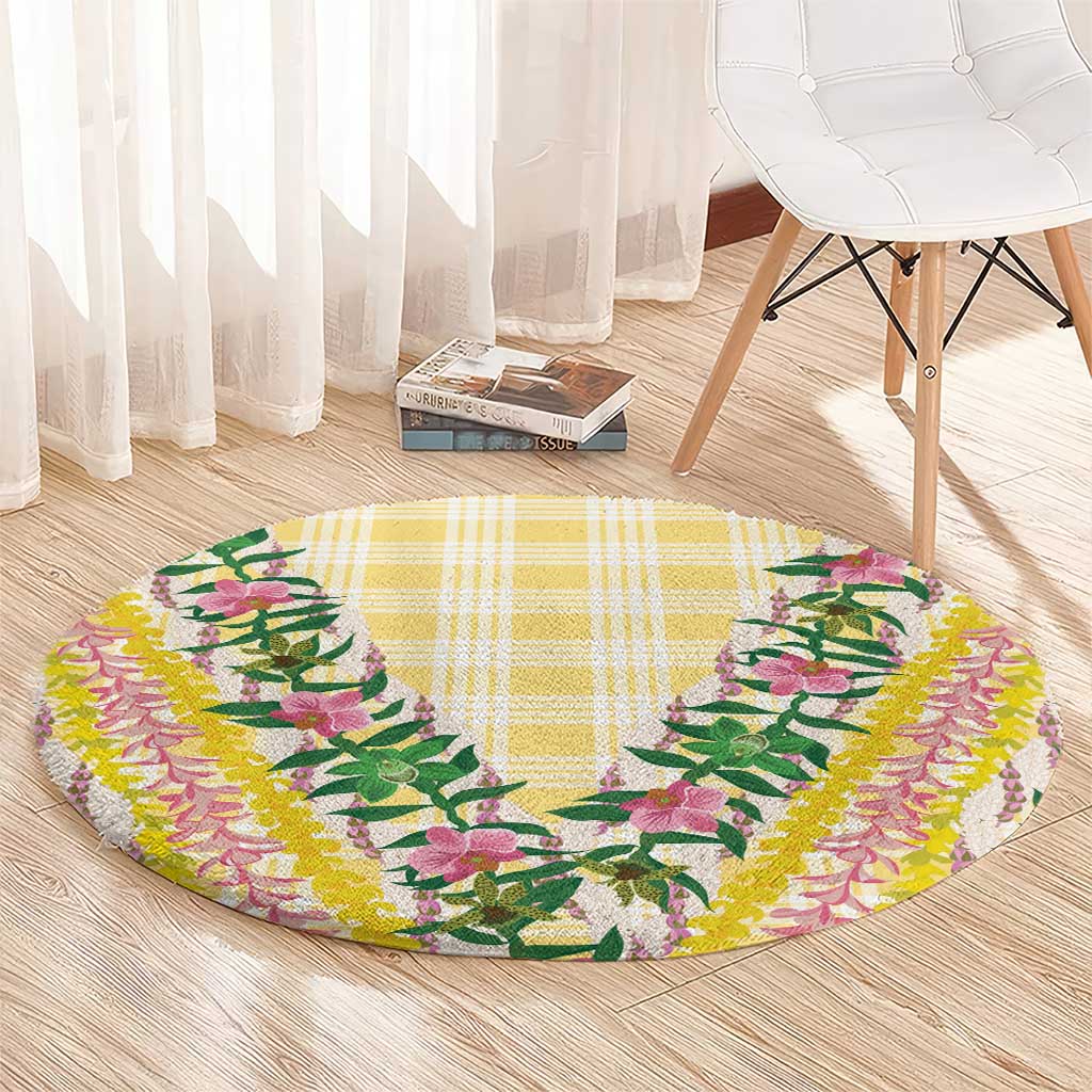 Hawaii Pikake Lokelani Plumeria Lei Round Carpet Yellow Palaka Motifs