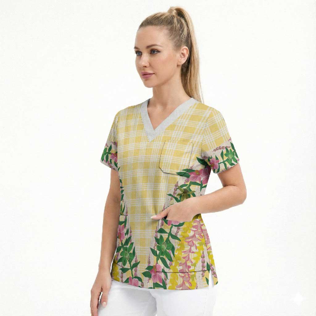 Hawaii Pikake Lokelani Plumeria Lei Scrub Top Yellow Palaka Motifs
