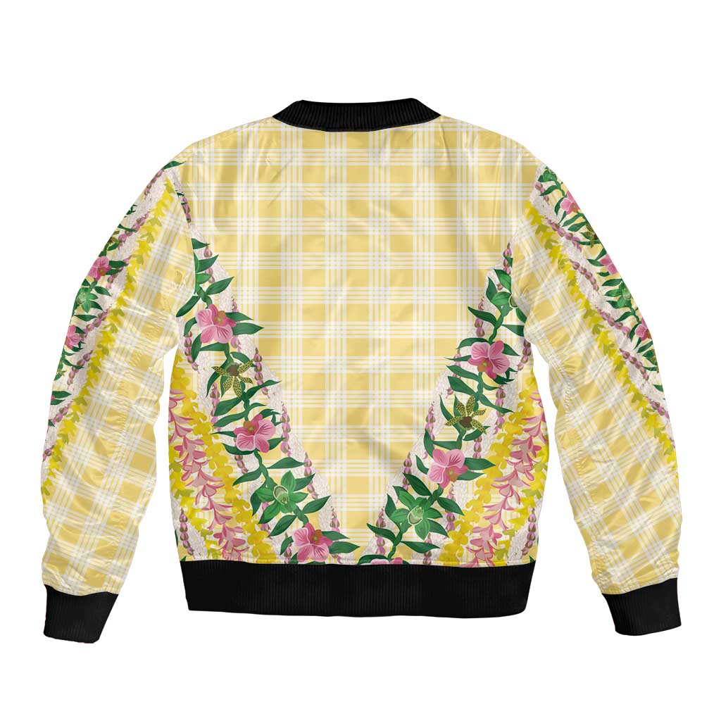 Hawaii Pikake Lokelani Plumeria Lei Sleeve Zip Bomber Jacket Yellow Palaka Motifs