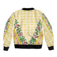 Hawaii Pikake Lokelani Plumeria Lei Sleeve Zip Bomber Jacket Yellow Palaka Motifs