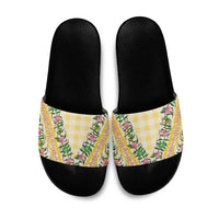 Hawaii Pikake Lokelani Plumeria Lei Slide Sandals Yellow Palaka Motifs