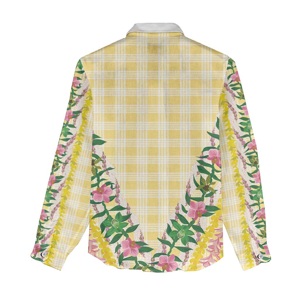 Hawaii Pikake Lokelani Plumeria Lei Women Casual Shirt Yellow Palaka Motifs