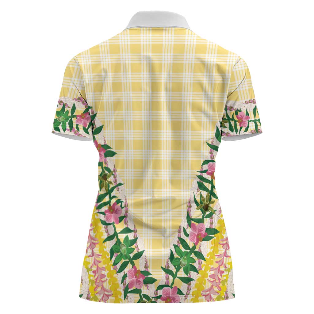 Hawaii Pikake Lokelani Plumeria Lei Women Polo Shirt Yellow Palaka Motifs