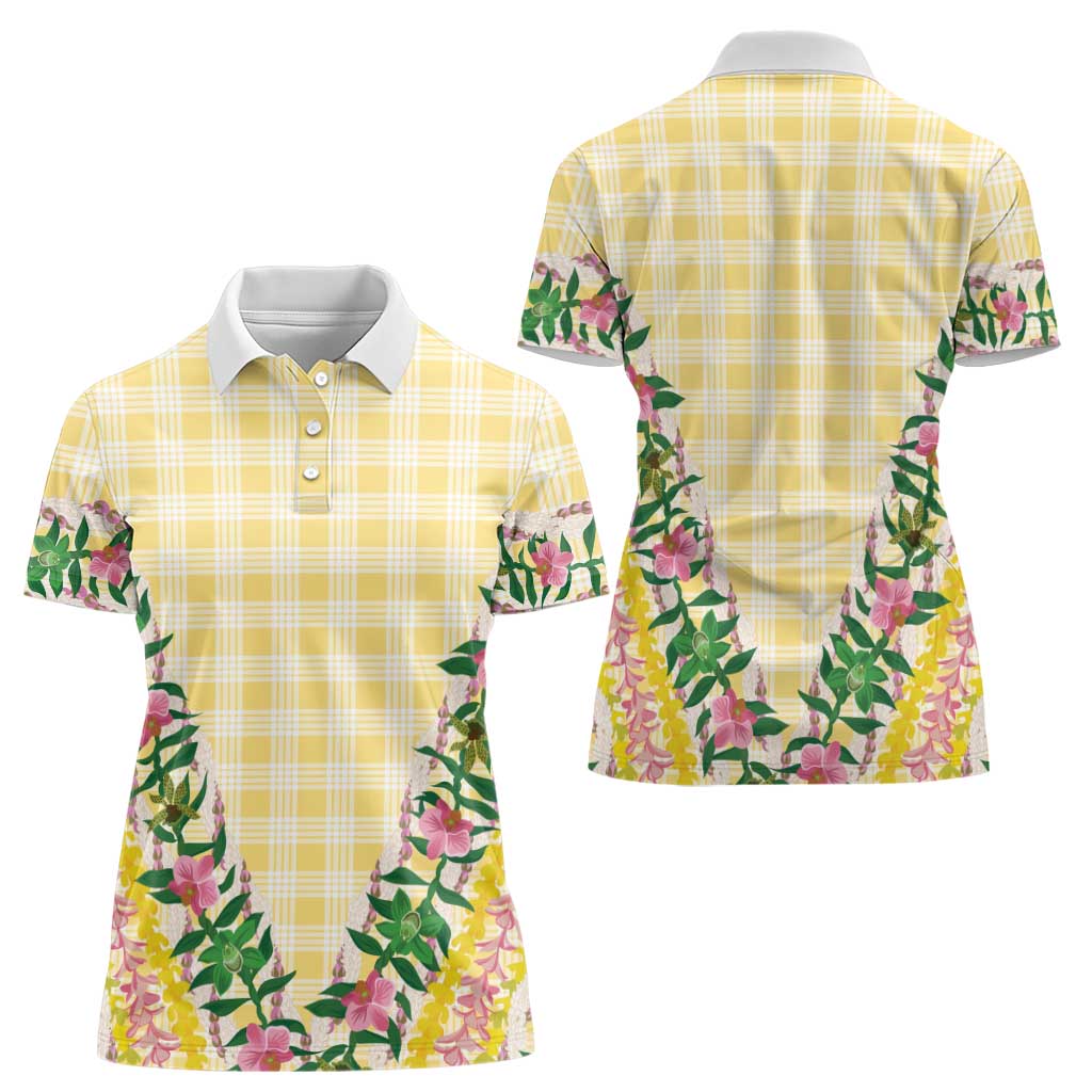 Hawaii Pikake Lokelani Plumeria Lei Women Polo Shirt Yellow Palaka Motifs