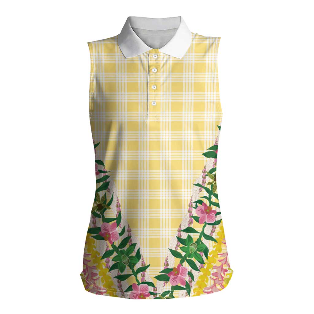 Hawaii Pikake Lokelani Plumeria Lei Women Sleeveless Polo Shirt Yellow Palaka Motifs LT05 Female Yellow - Polynesian Pride