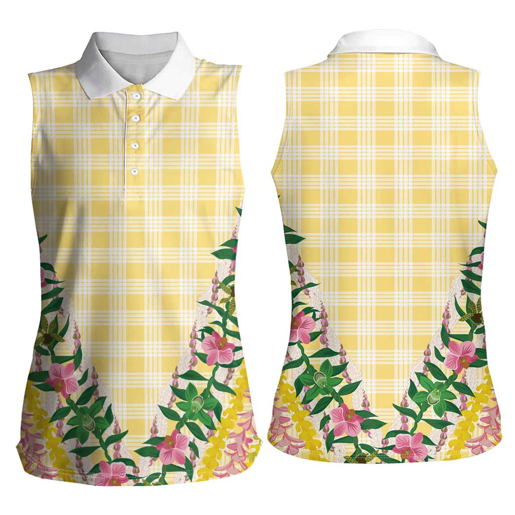 Hawaii Pikake Lokelani Plumeria Lei Women Sleeveless Polo Shirt Yellow Palaka Motifs LT05 - Polynesian Pride