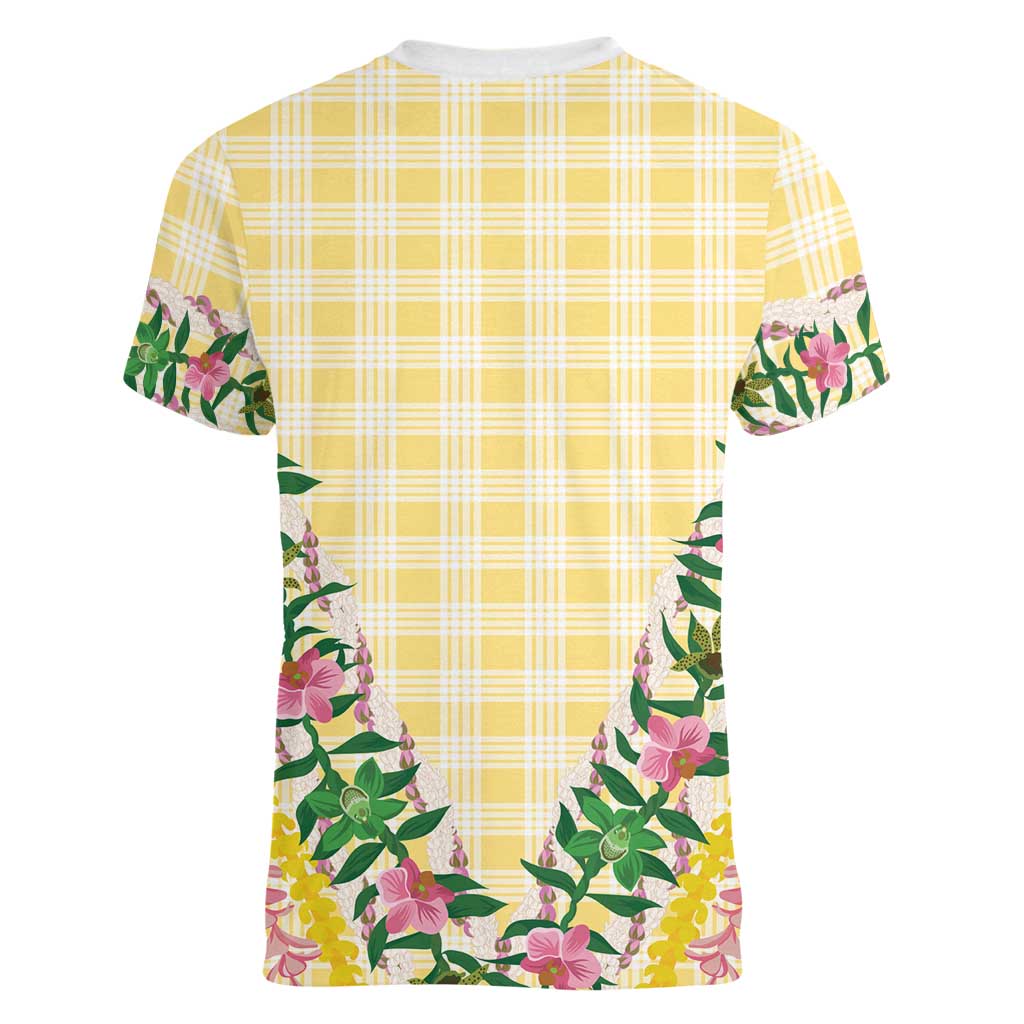 Hawaii Pikake Lokelani Plumeria Lei Women V-Neck T-Shirt Yellow Palaka Motifs LT05 - Polynesian Pride