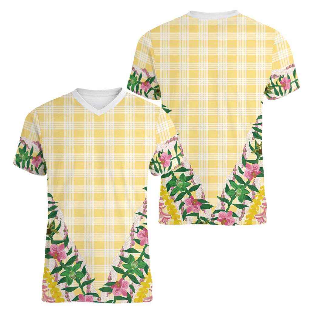 Hawaii Pikake Lokelani Plumeria Lei Women V-Neck T-Shirt Yellow Palaka Motifs LT05 - Polynesian Pride