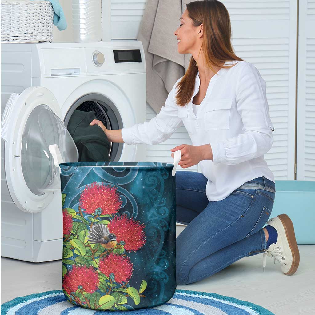 New Zealand Matariki Piwakawaka Laundry Basket Maori Koru With Pohutukawa Flowers