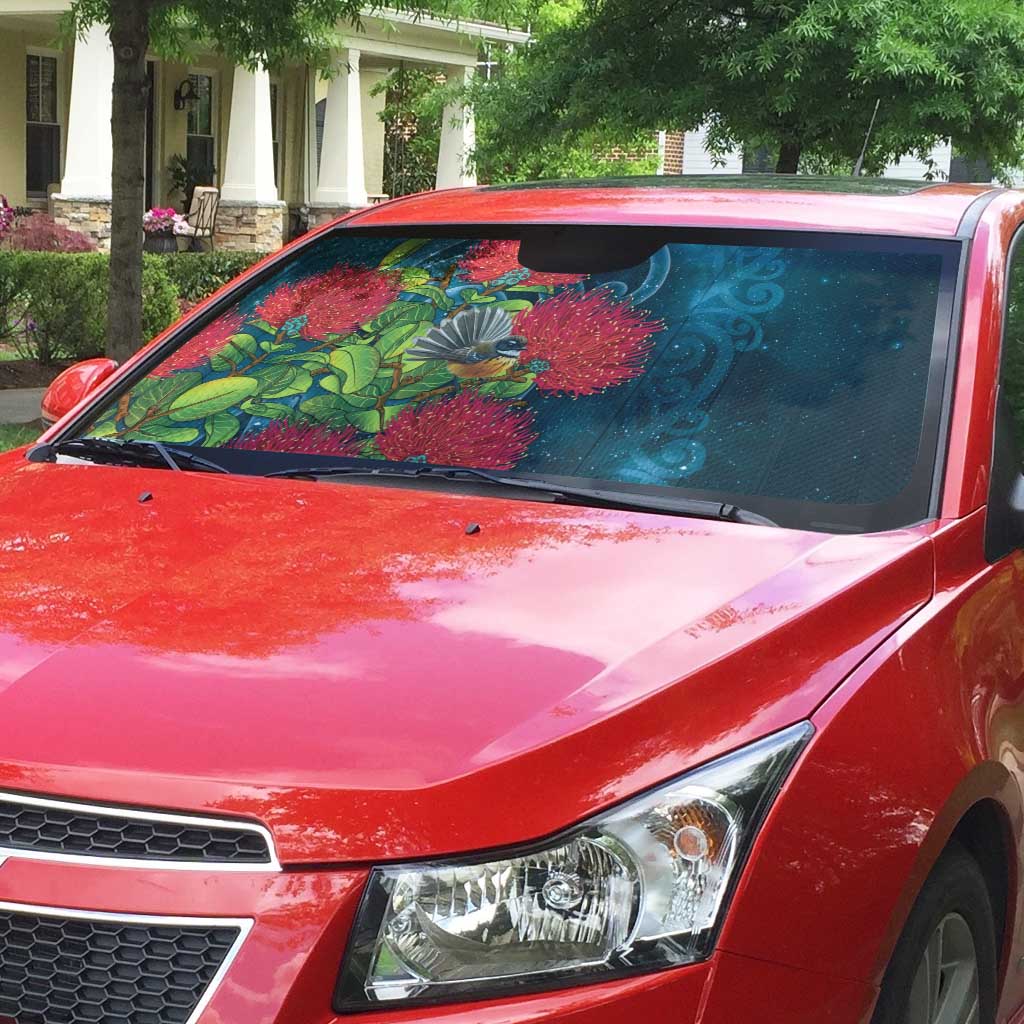 New Zealand Matariki Piwakawaka Auto Sun Shade Maori Koru With Pohutukawa Flowers