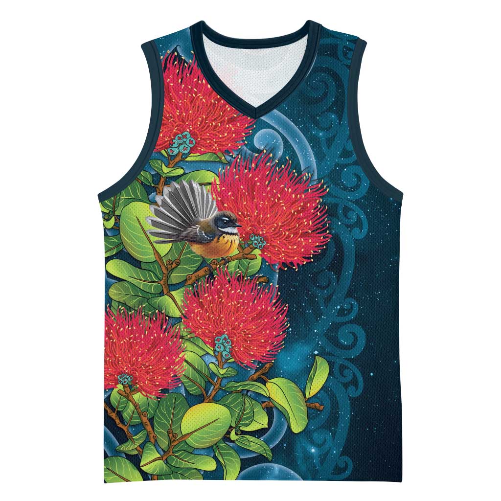 New Zealand Matariki Piwakawaka Basketball Jersey Maori Koru With Pohutukawa Flowers LT05 Unisex Dark Teal - Polynesian Pride