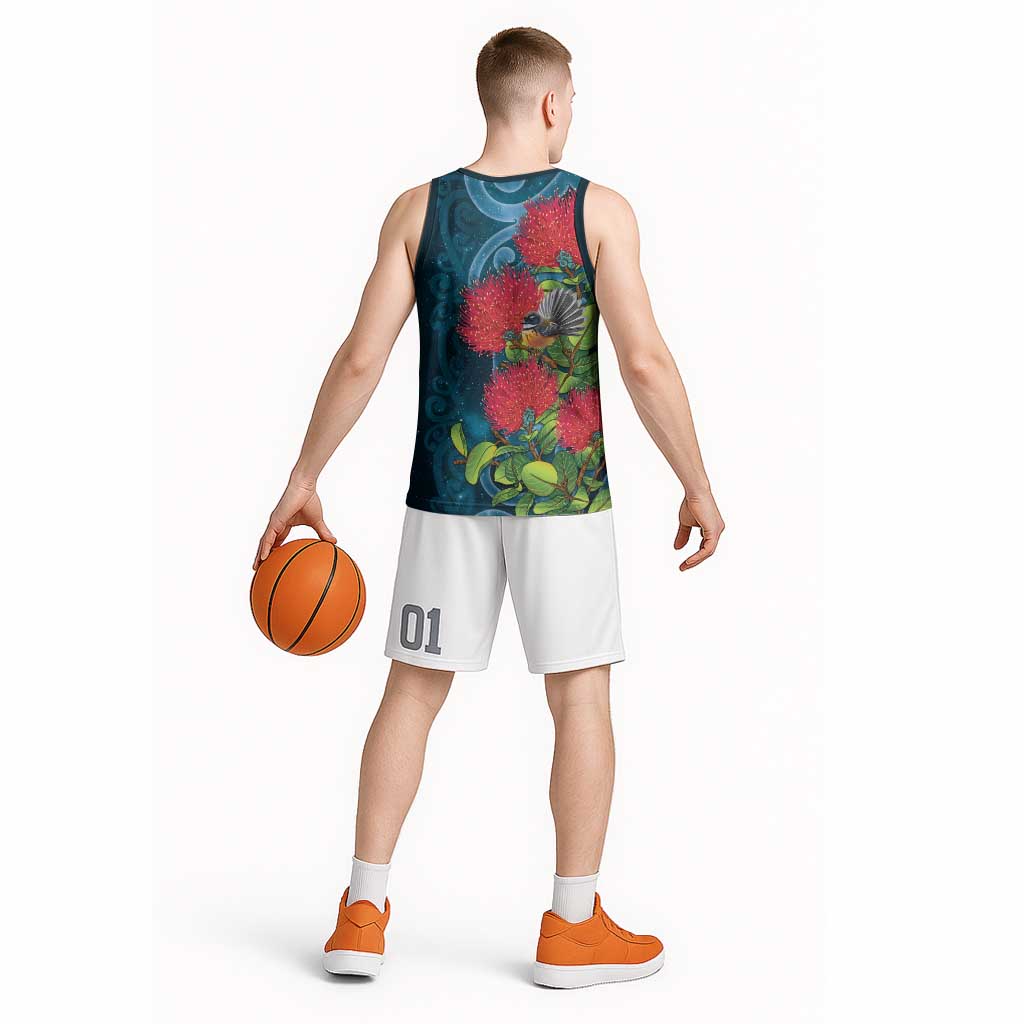 New Zealand Matariki Piwakawaka Basketball Jersey Maori Koru With Pohutukawa Flowers LT05 - Polynesian Pride