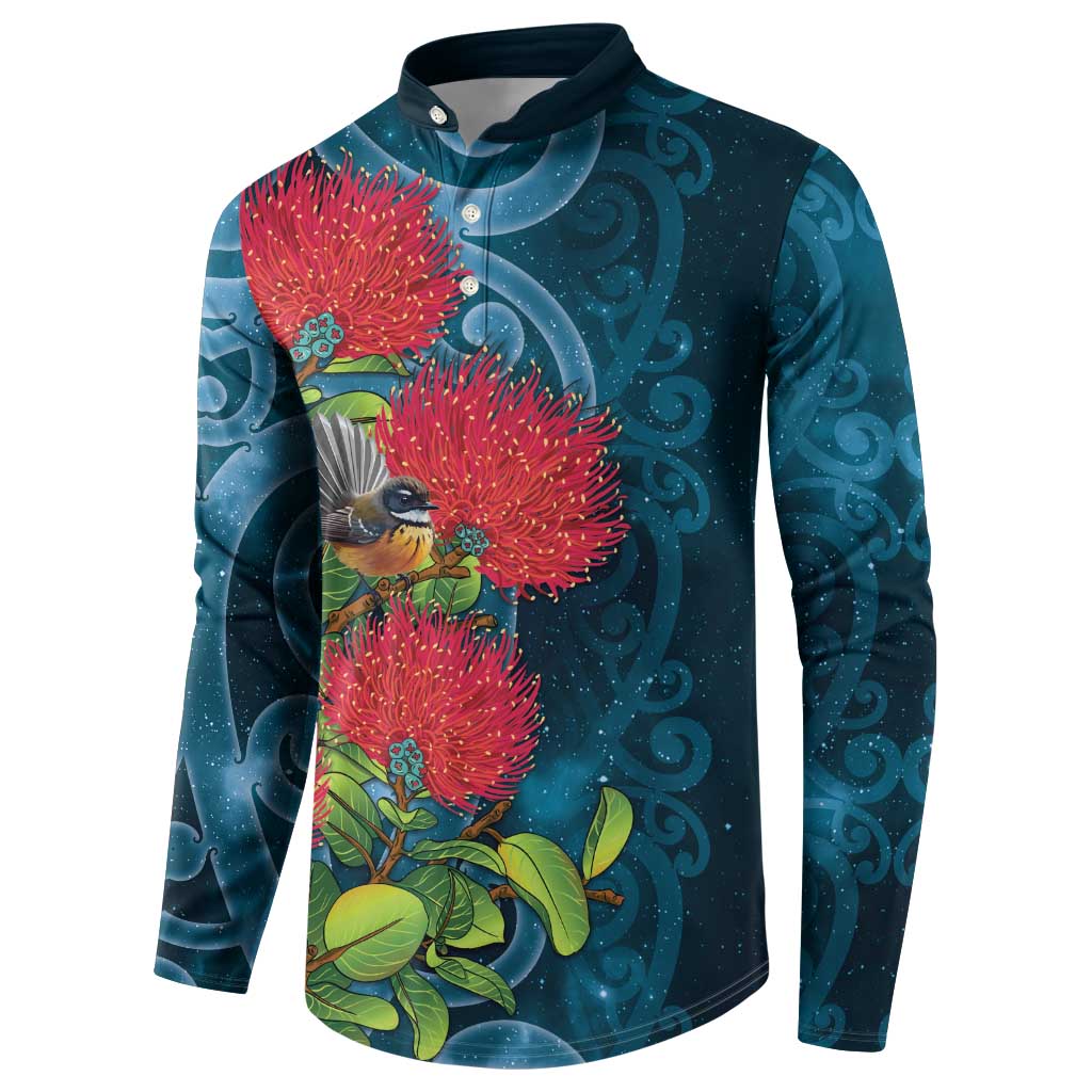 New Zealand Matariki Piwakawaka Button Sweatshirt Maori Koru With Pohutukawa Flowers