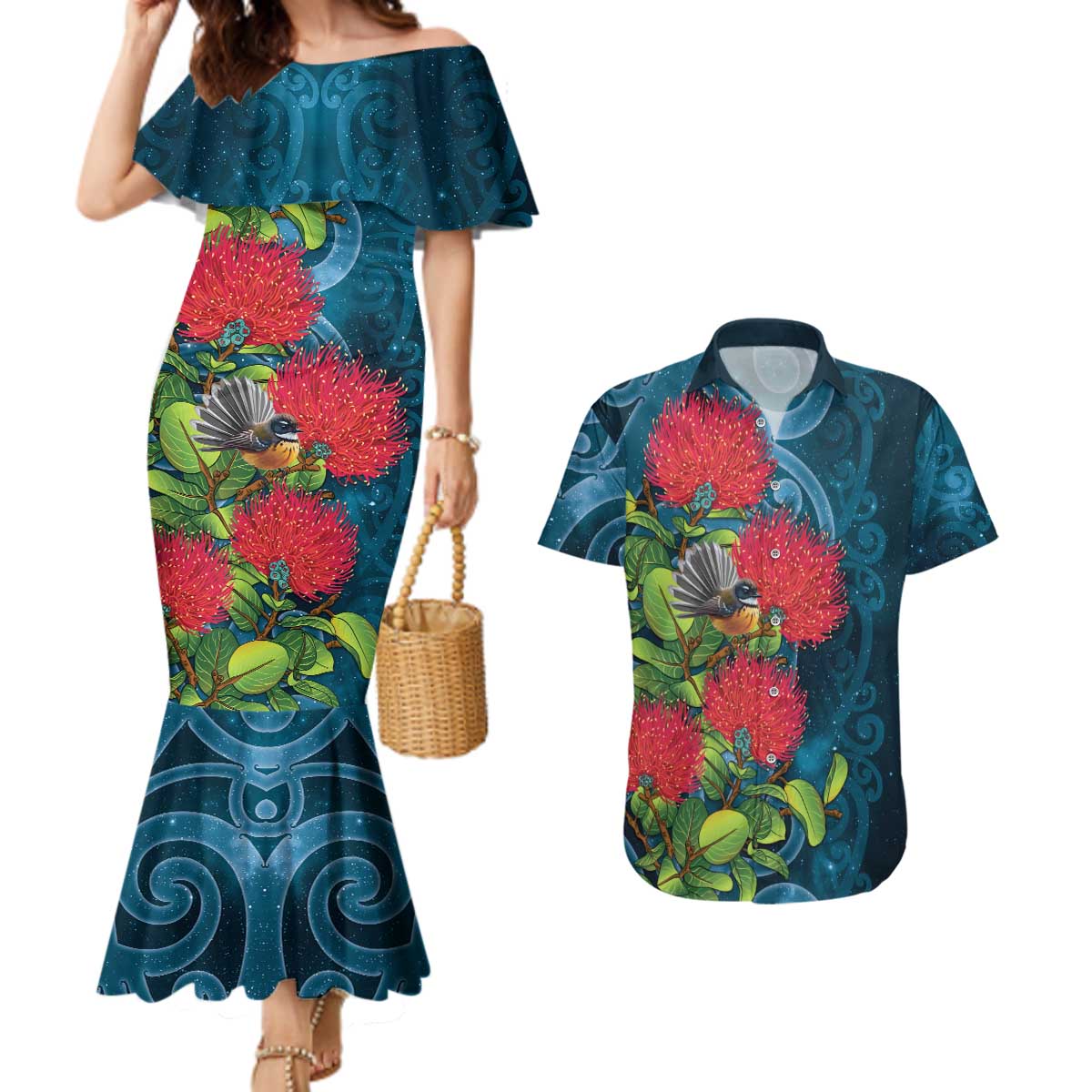 New Zealand Matariki Piwakawaka Couples Matching Mermaid Dress and Hawaiian Shirt Maori Koru With Pohutukawa Flowers LT05 Dark Teal - Polynesian Pride