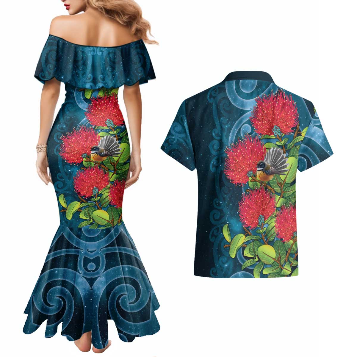 New Zealand Matariki Piwakawaka Couples Matching Mermaid Dress and Hawaiian Shirt Maori Koru With Pohutukawa Flowers LT05 - Polynesian Pride